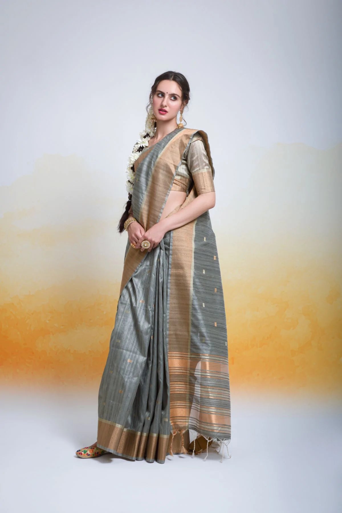 Buy MySilkLove Stone Grey Cotton Silk Saree Online
