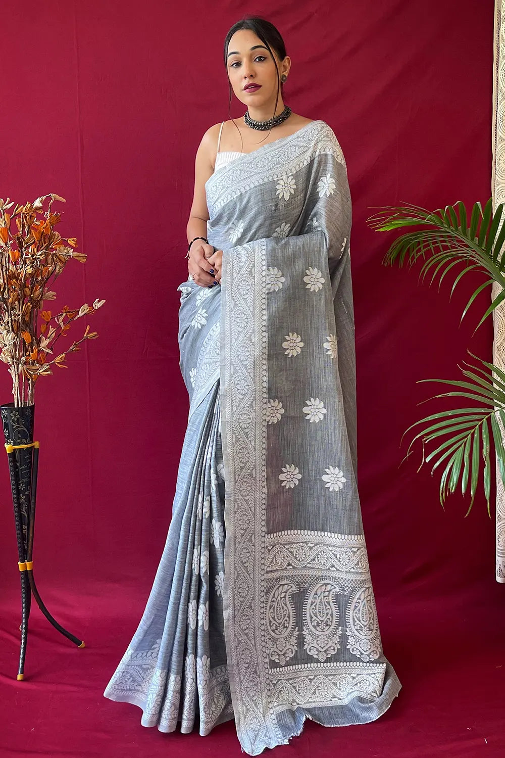 Buy MySilkLove Hit Gray Lucknowi Woven Linen Saree Online