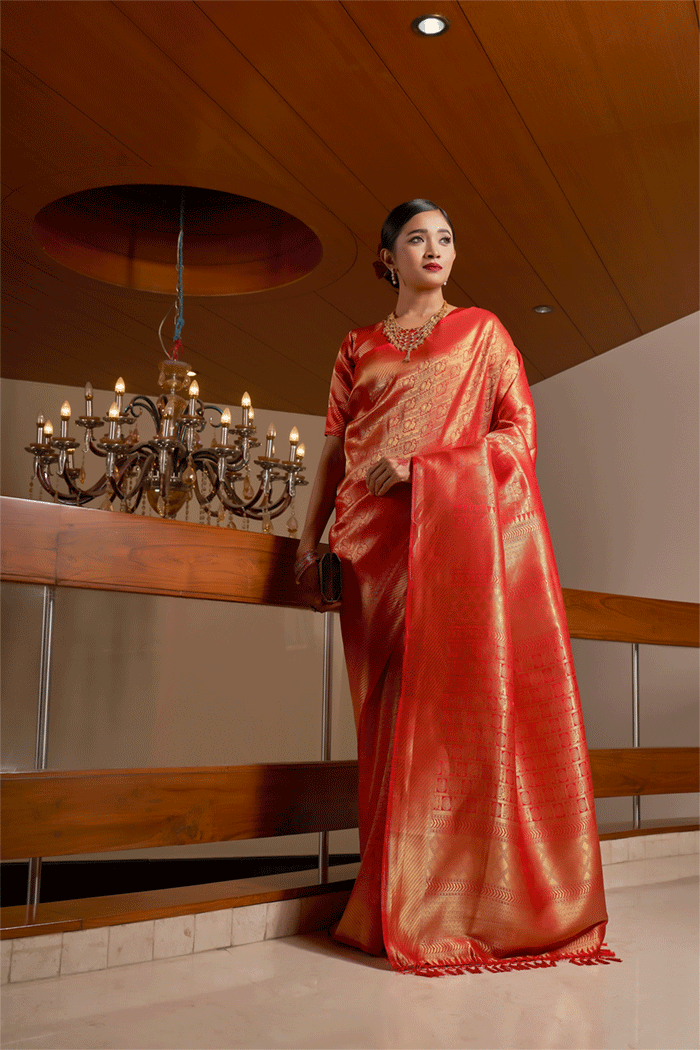 Chilli red shop wedding silk saree