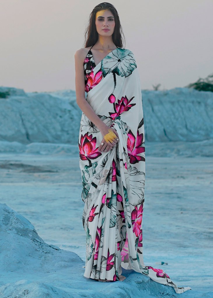 MySilkLove Egg Shell White Print Saga Saree
