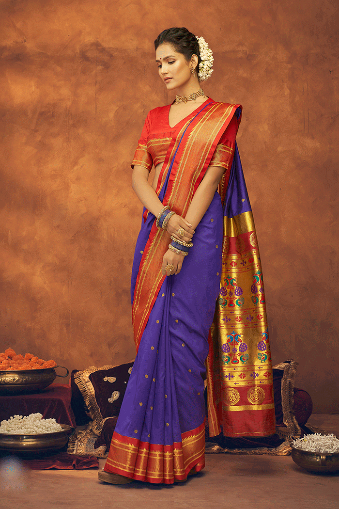Buy MySilkLove Jacarta Blue and Red Zari Woven Paithani Saree Online