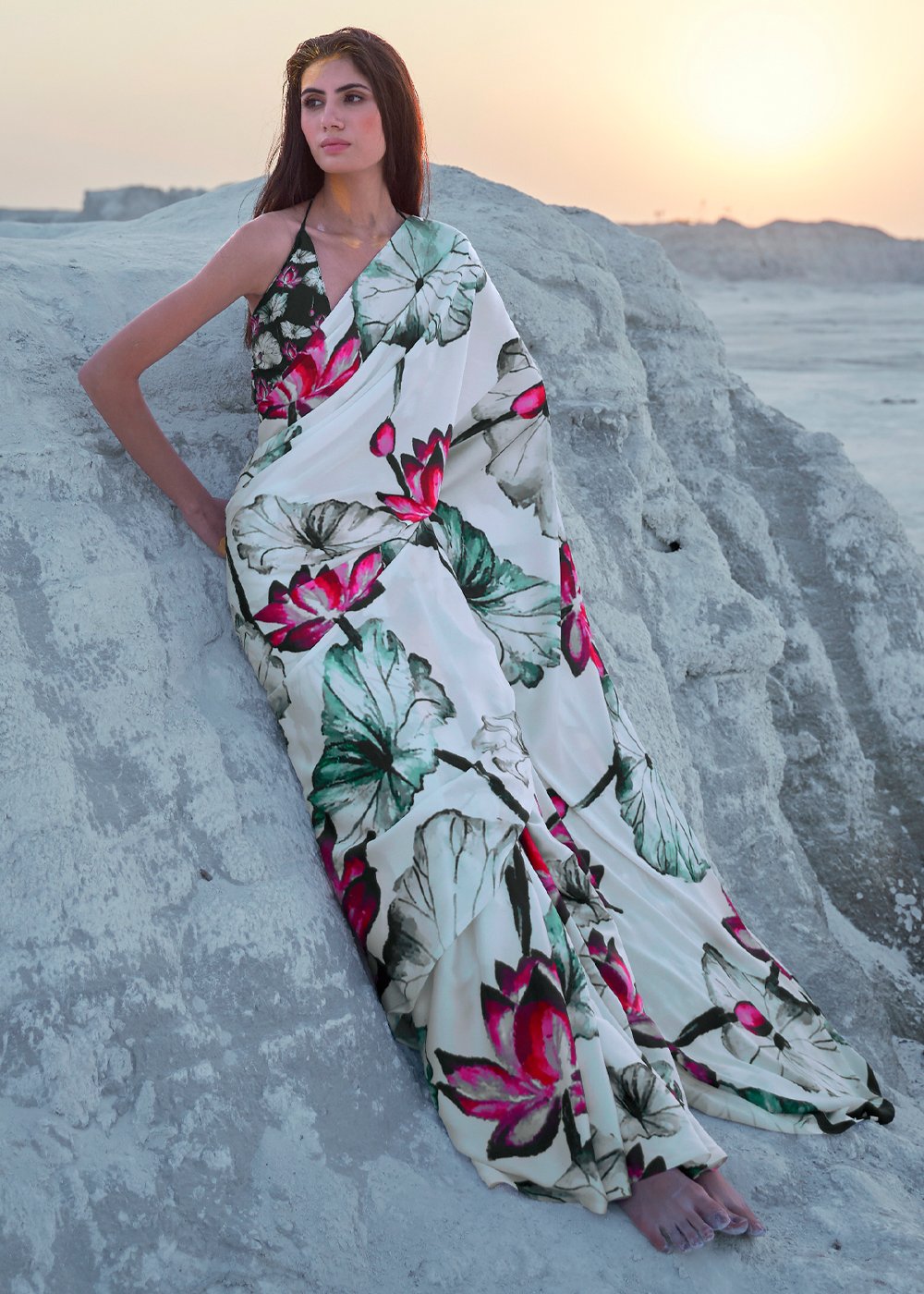 Buy MySilkLove Egg Shell White Print Saga Saree — Buy Online | MySilkLove Online