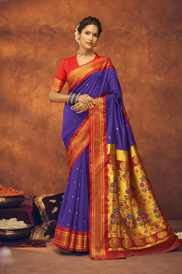 Buy MySilkLove Jacarta Blue and Red Zari Woven Paithani Saree Online
