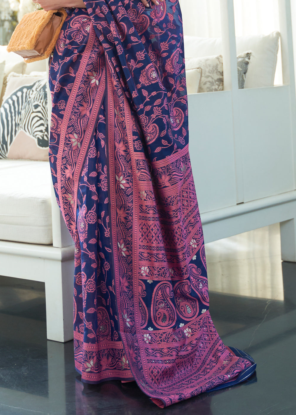 Buy MySilkLove Fiord Blue Lucknowi Chikankari Woven Silk Saree Online