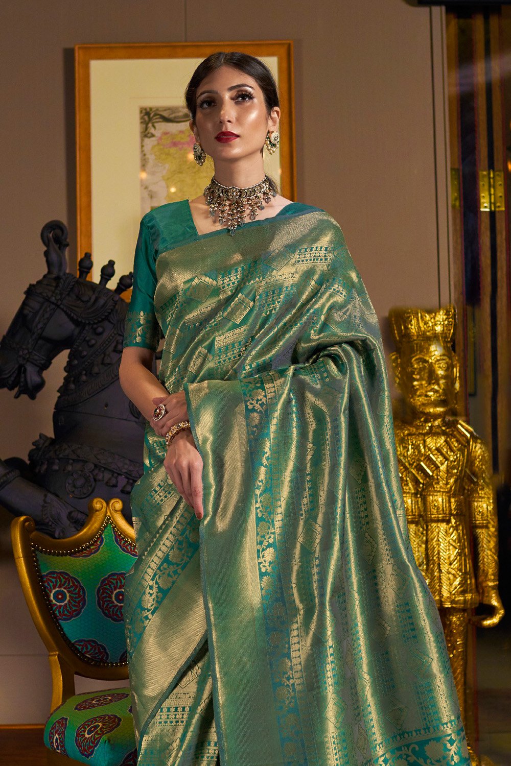 Buy MySilkLove Casal Green Woven Kanjivaram Saree Online