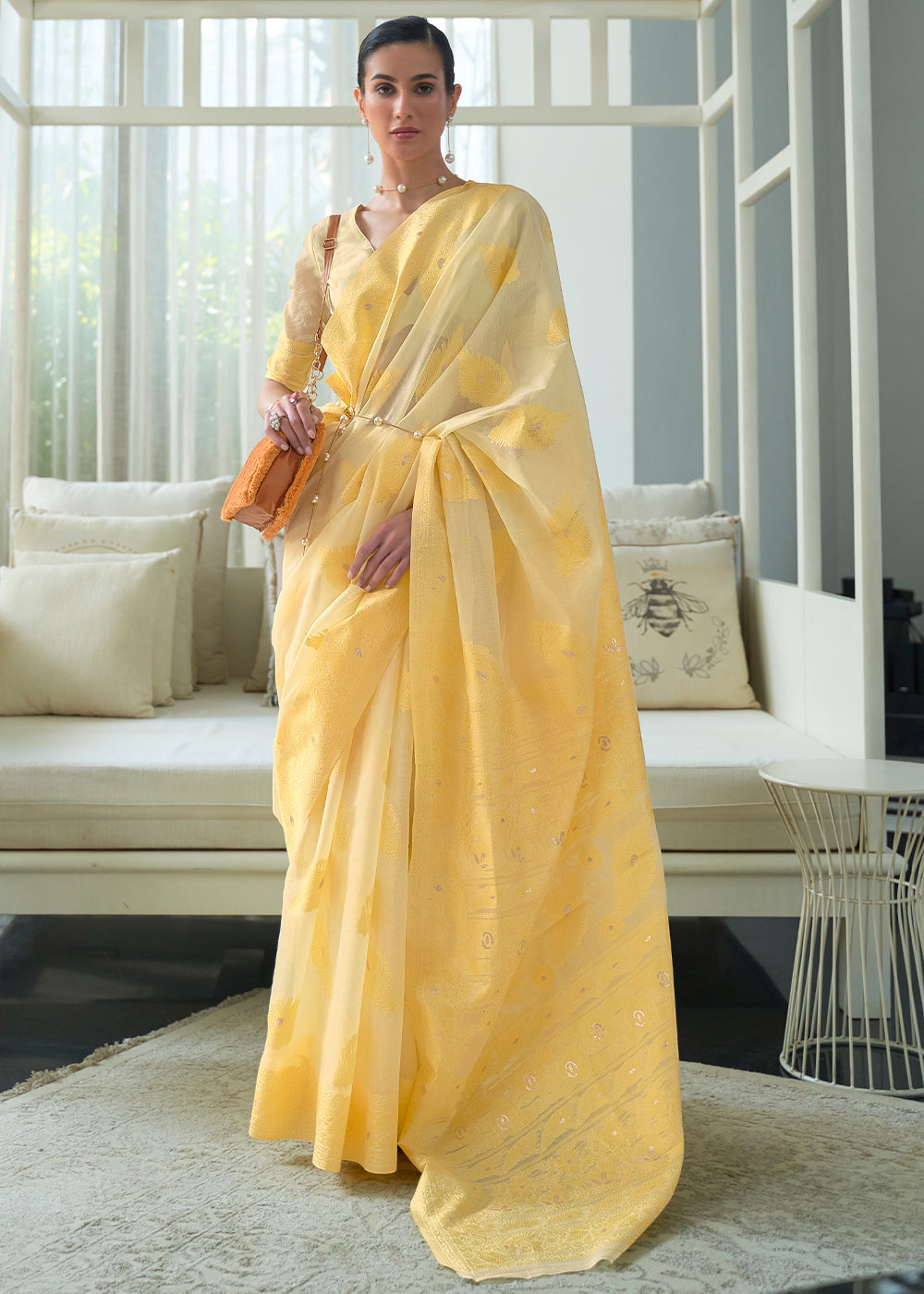 Buy MySilkLove Goldenrod Yellow Lucknowi Chikankari Woven Silk Saree Online