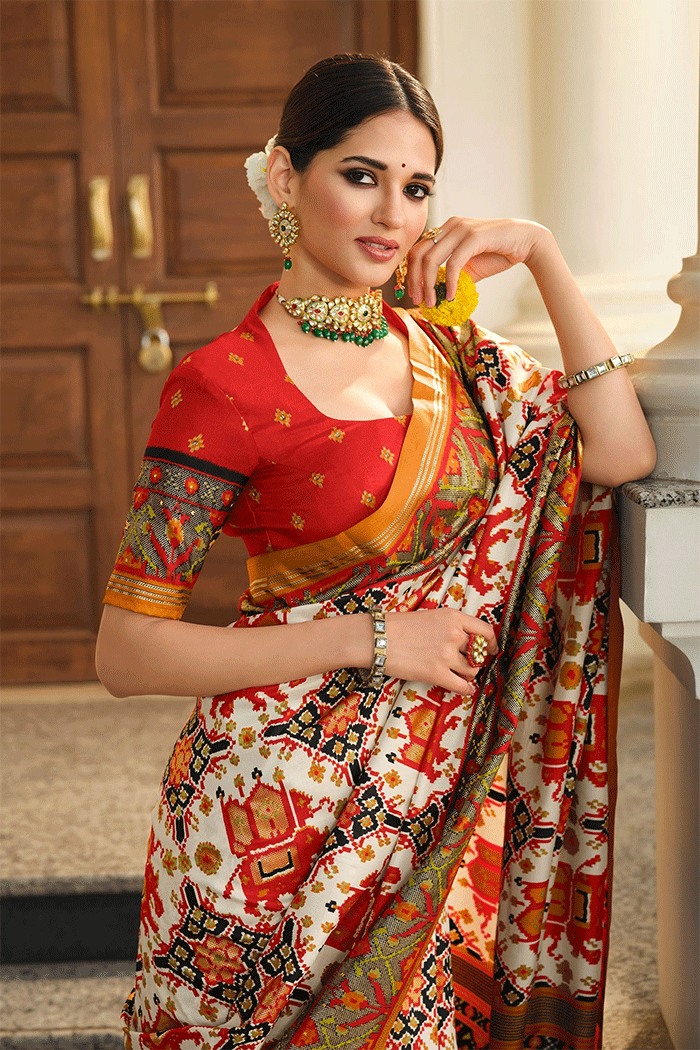 Buy MySilkLove Apricot White and Orange Patola Silk Saree Online
