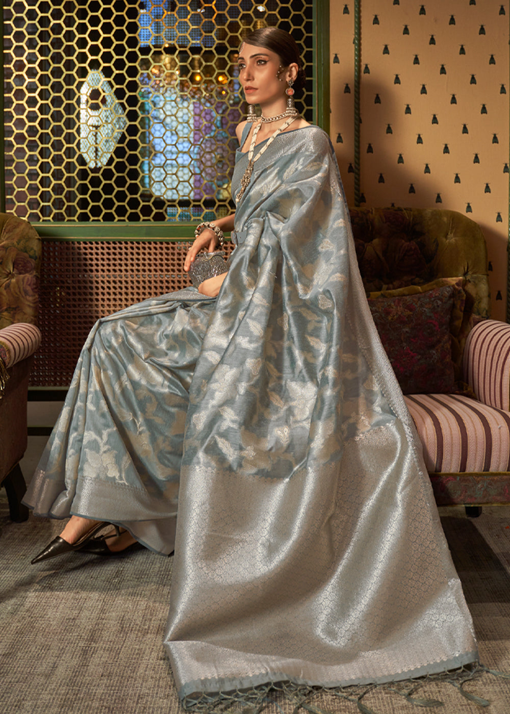 MySilkLove Mantle Grey Zari Woven Banarasi Silk Saree