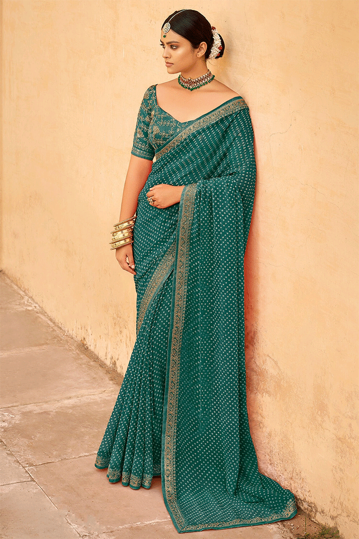 Buy MySilkLove Oracle Green Georgette Leheriya Printed Saree with Embroidered Blouse Online