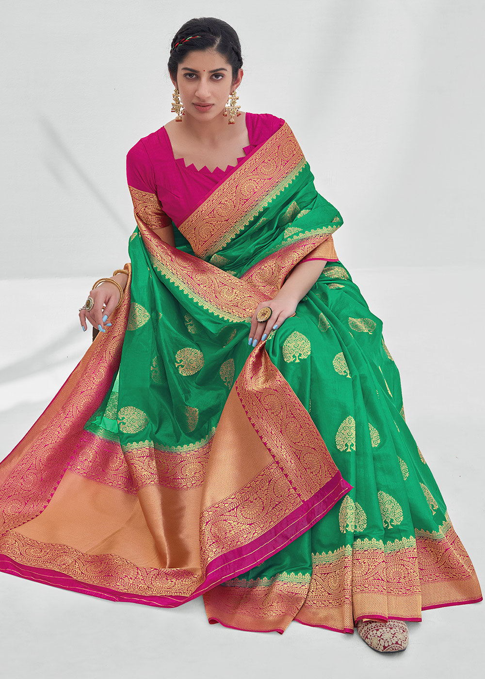 Buy MySilkLove Aqua Forest Green Zari Woven Organza Silk Saree Online