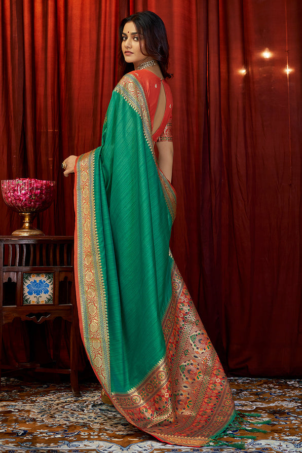 Buy MySilkLove Polished Pine Green South Silk Saree Online