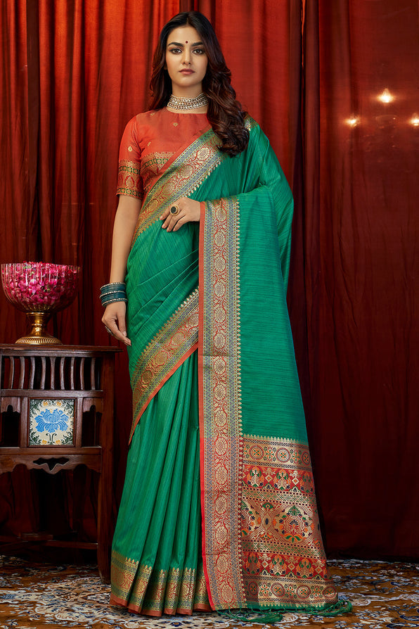 Buy MySilkLove Polished Pine Green South Silk Saree Online