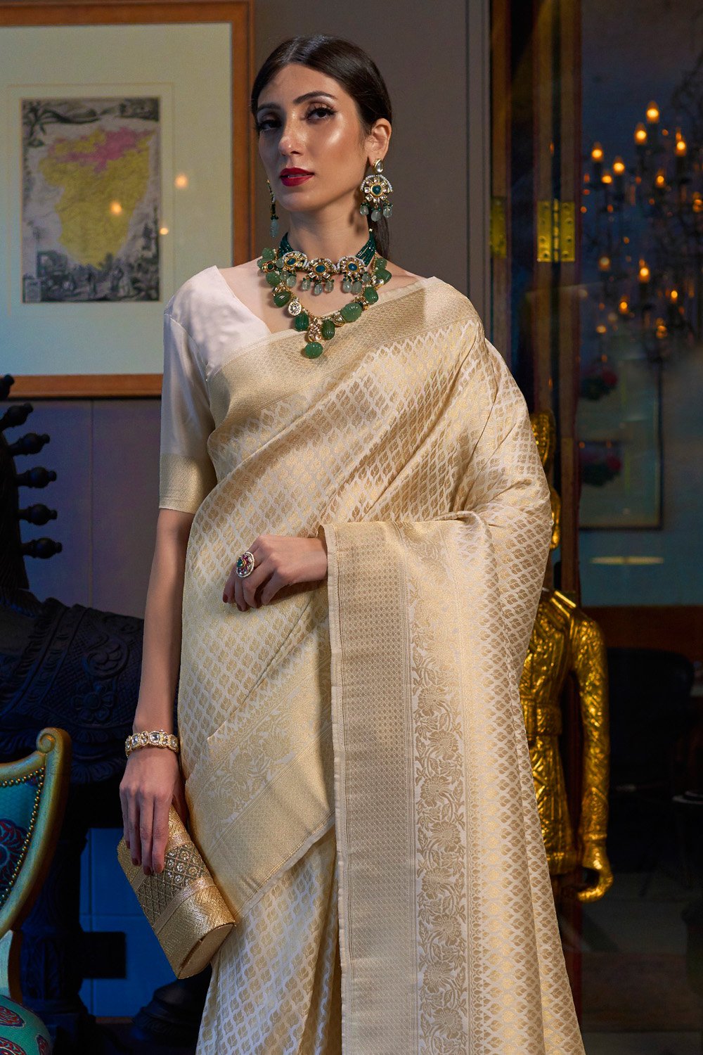 Buy MySilkLove Golden Off White Woven Kanjivaram Saree Online