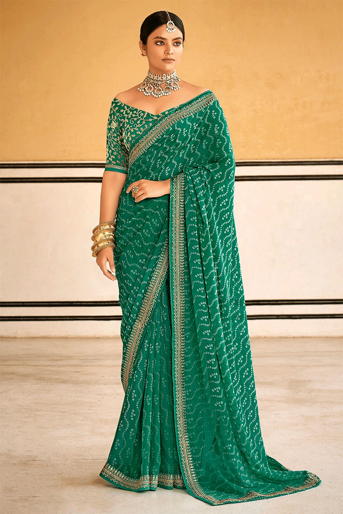 Buy MySilkLove Everglade Green Georgette Leheriya Printed Saree with Embroidered Blouse Online
