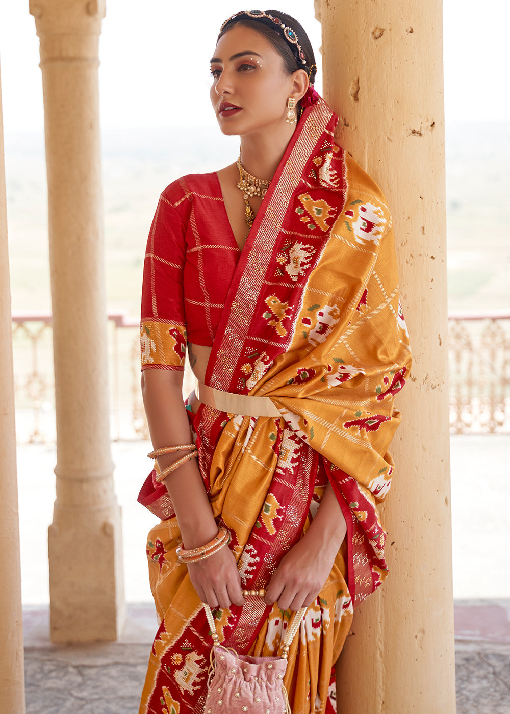 Buy MySilkLove Golden Grass Yellow and Red Printed Patola Silk Saree Online