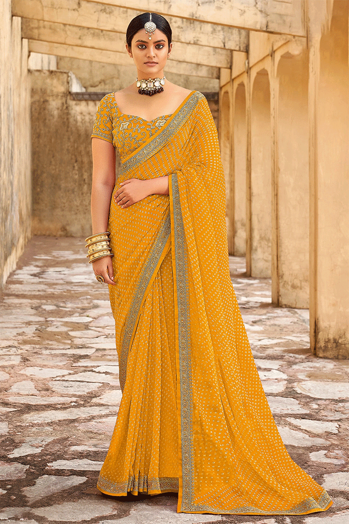 Buy MySilkLove Carrot Yellow Georgette Leheriya Printed Saree with Embroidered Blouse Online