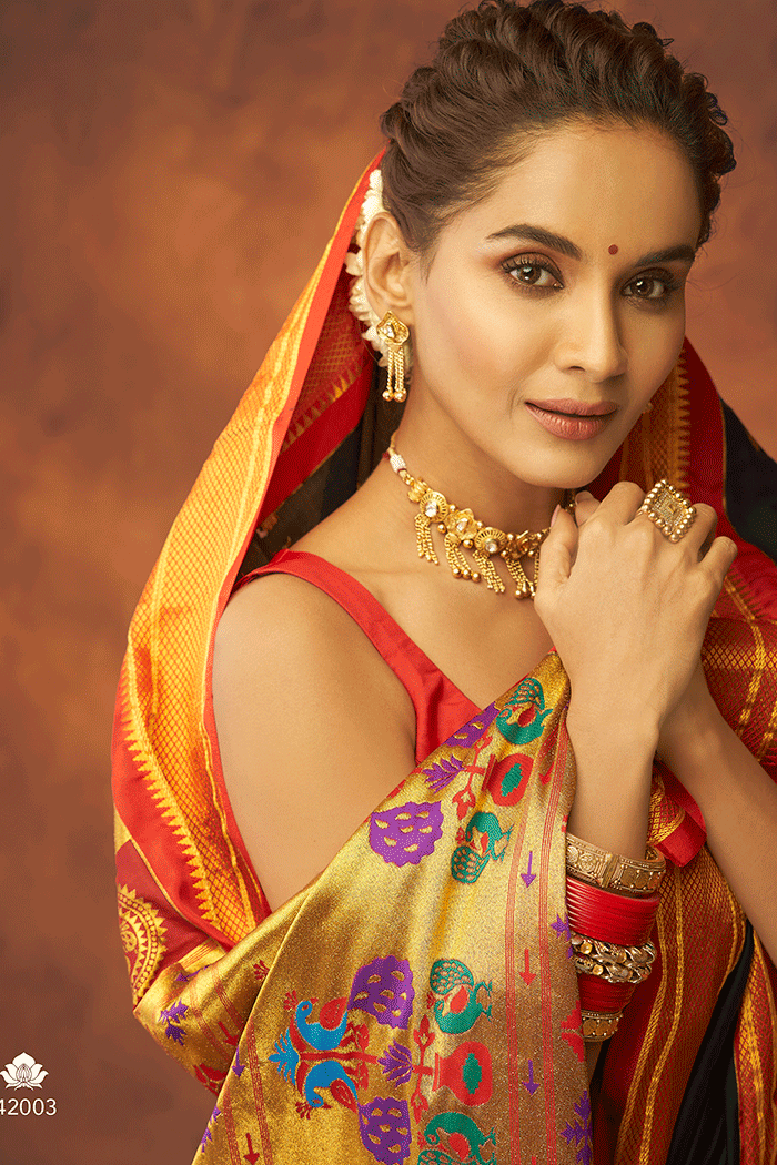 Buy MySilkLove Everglade Green and Red Zari Woven Paithani Saree Online