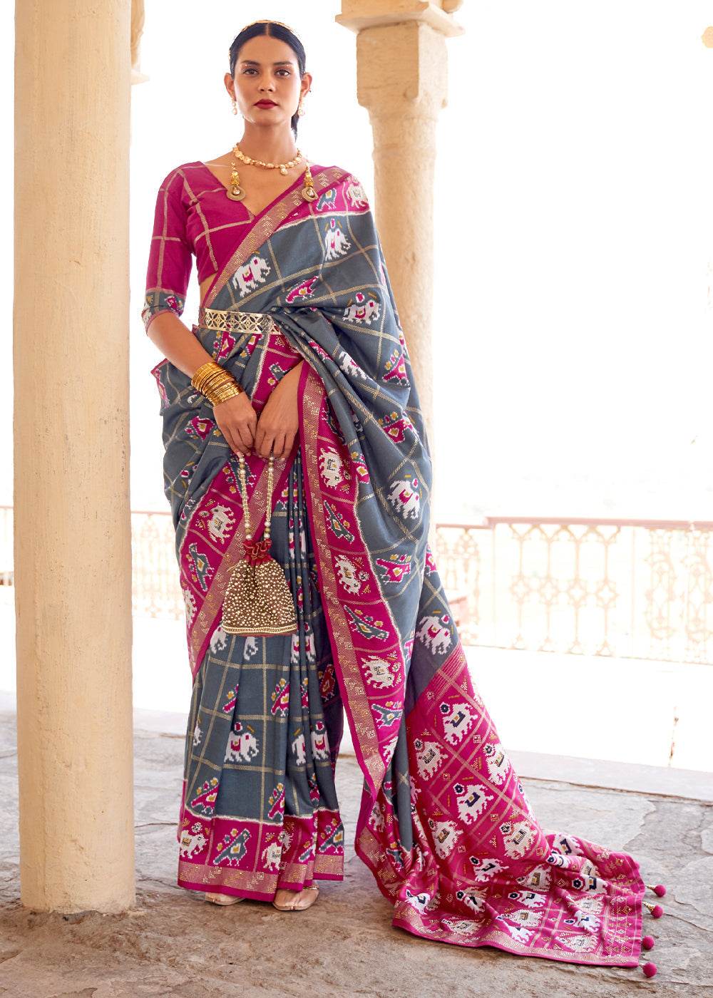 Buy MySilkLove Mid Gray and Pink Printed Patola Silk Saree Online