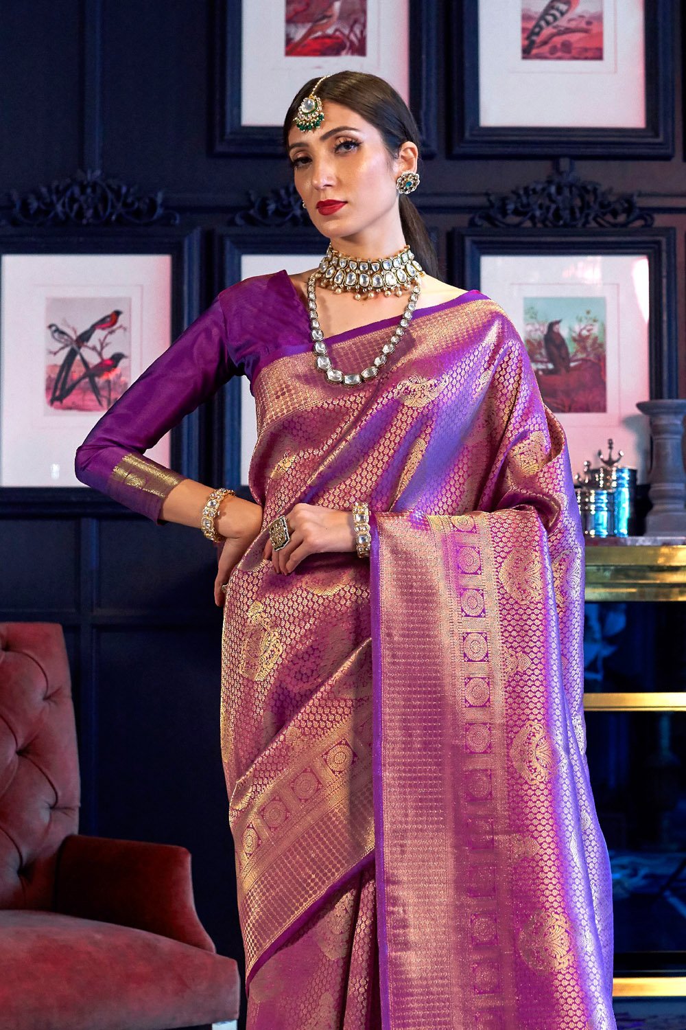 Buy MySilkLove Wine Berry Purple Woven Kanjivaram Saree Online