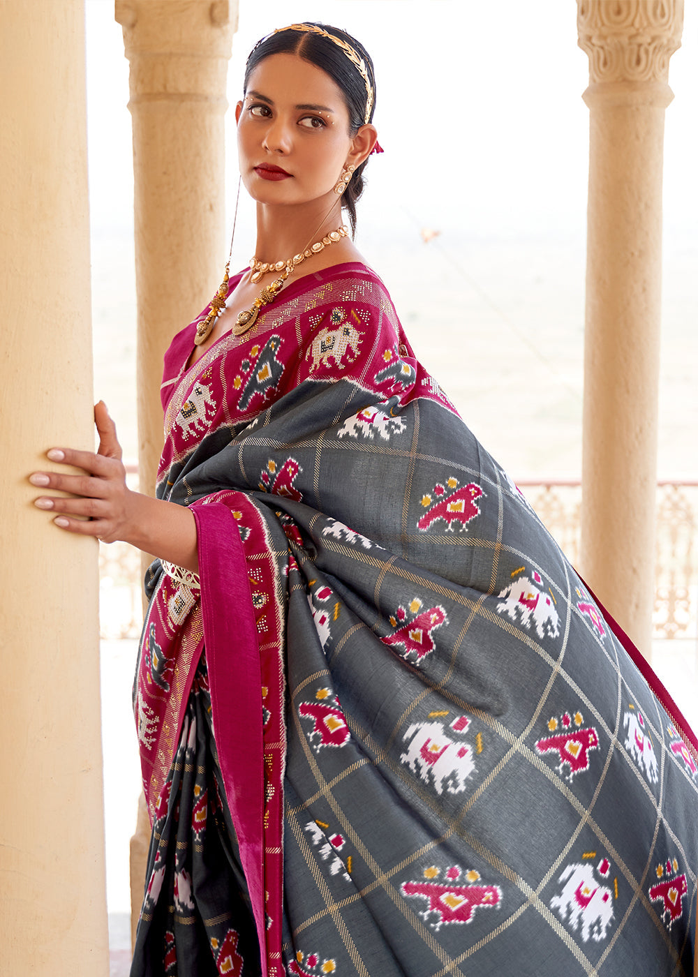 Buy MySilkLove Mid Gray and Pink Printed Patola Silk Saree Online