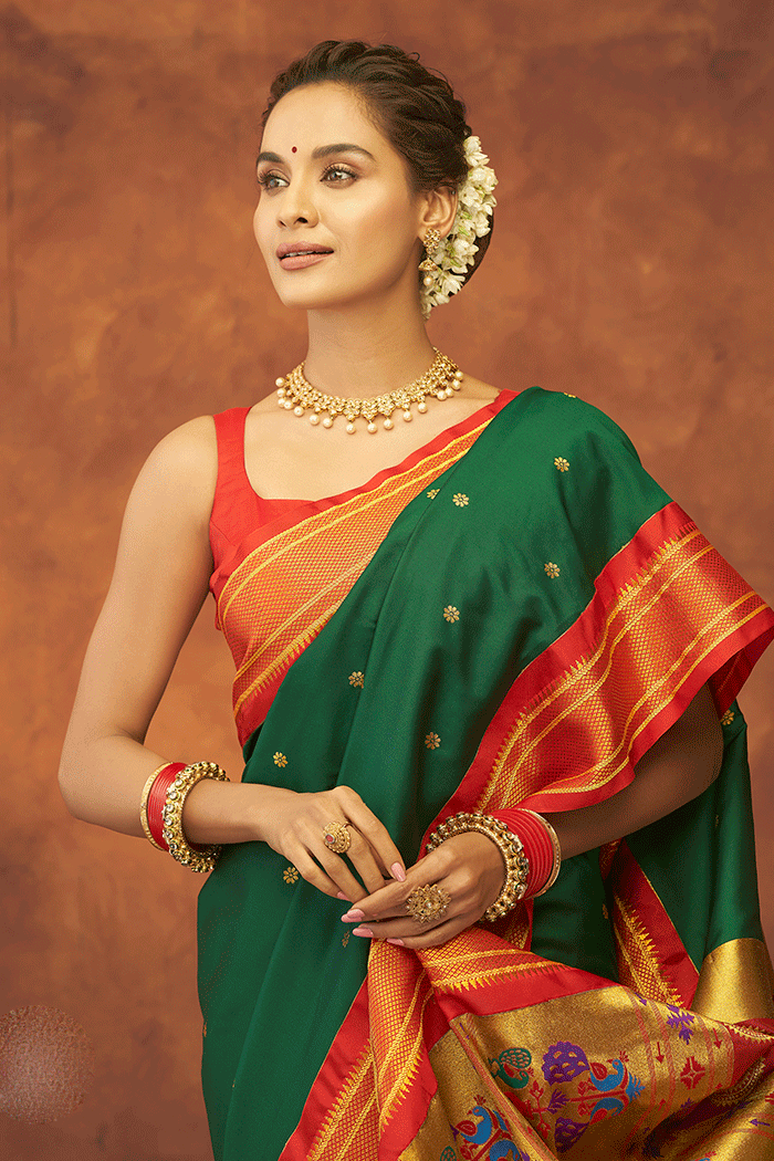 Buy MySilkLove Everglade Green and Red Zari Woven Paithani Saree Online