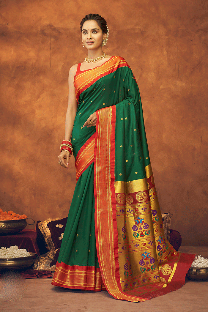 Buy MySilkLove Everglade Green and Red Zari Woven Paithani Saree Online
