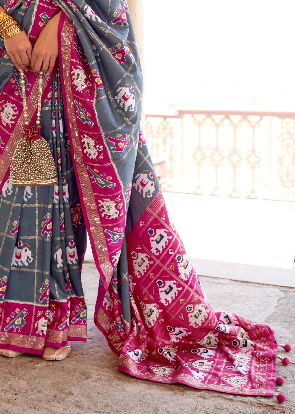Buy MySilkLove Mid Gray and Pink Printed Patola Silk Saree Online