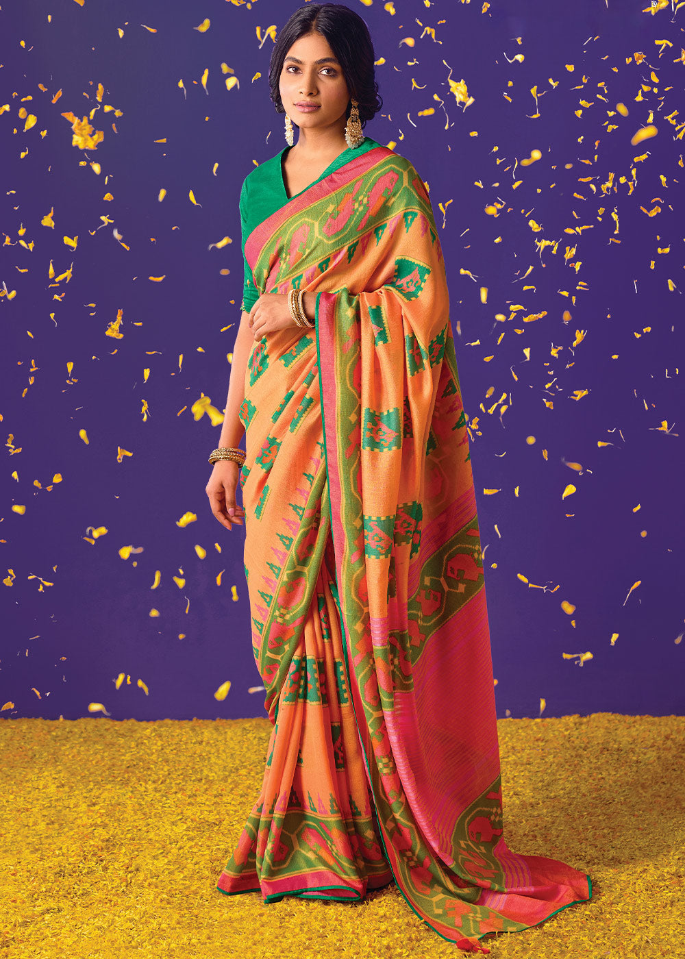 Buy MySilkLove Jaffa Orange Printed Paithani Saree With Embroidered Blouse Online
