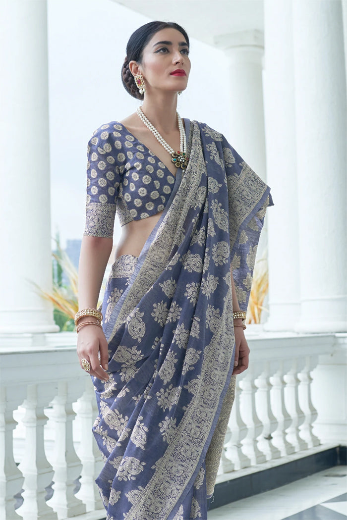 MySilkLove Manatee Bluish Grey Chikankari Woven Saree
