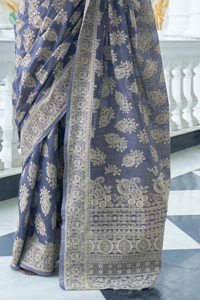 Buy MySilkLove Manatee Bluish Grey Chikankari Woven Saree — Buy Online | MySilkLove Online