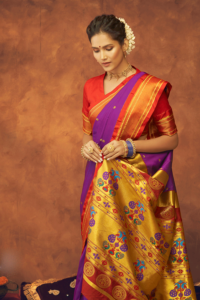 Buy MySilkLove Violet Purple and Red Zari Woven Paithani Saree Online