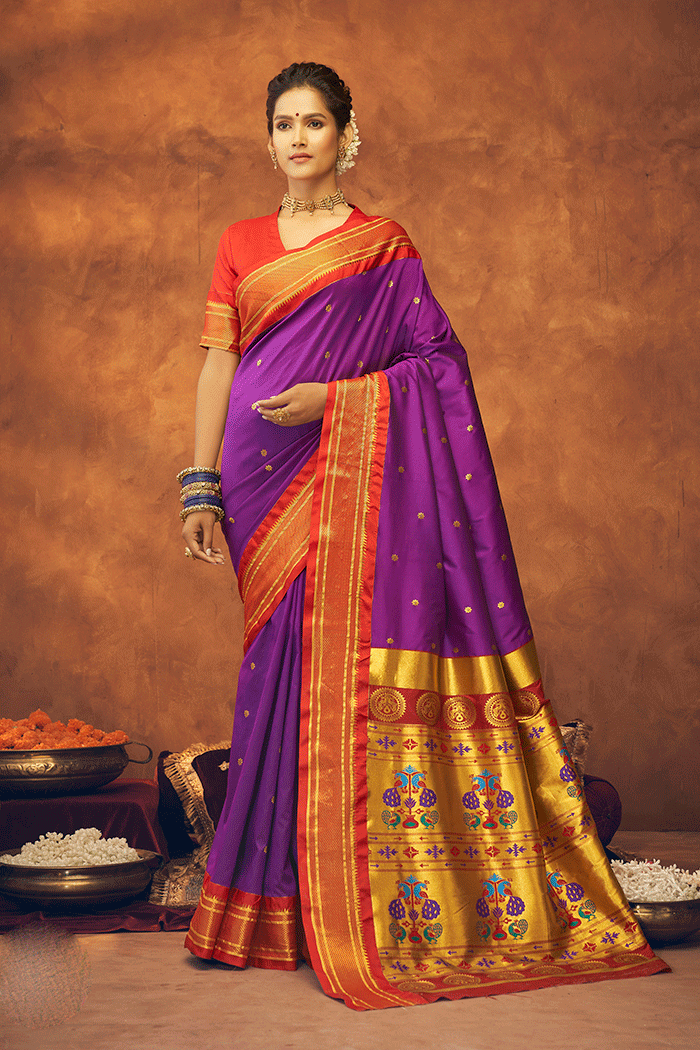 Buy MySilkLove Violet Purple and Red Zari Woven Paithani Saree Online