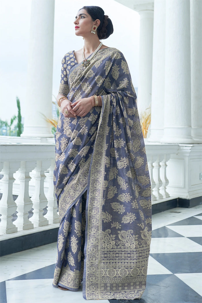 Buy MySilkLove Manatee Bluish Grey Chikankari Woven Saree — Buy Online | MySilkLove Online