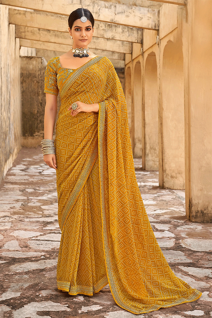 Buy MySilkLove Bourbon Yellow Georgette Leheriya Printed Saree with Embroidered Blouse Online