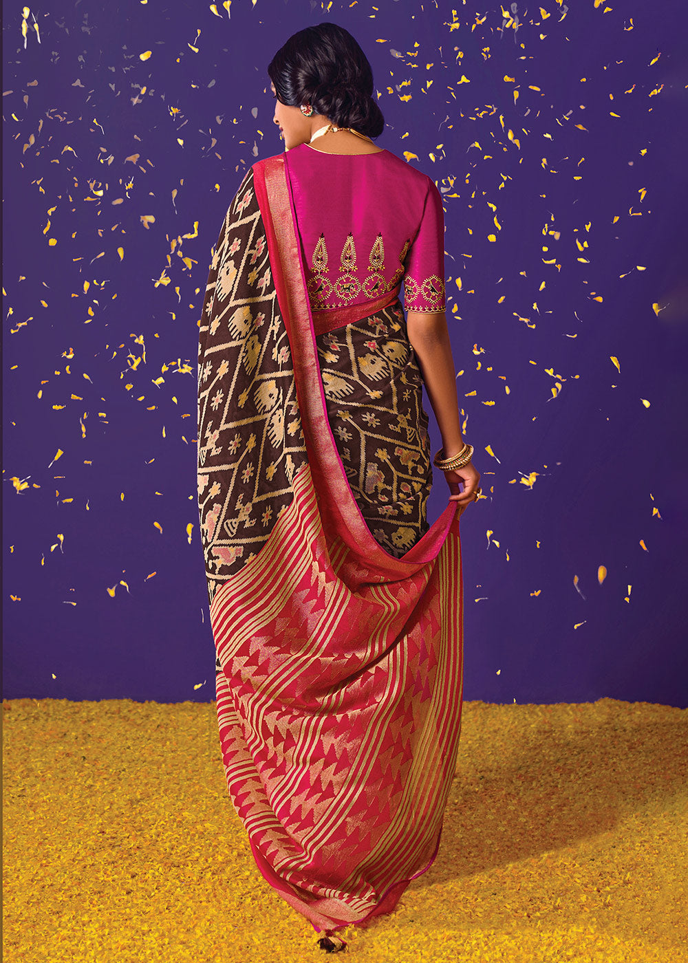 Buy MySilkLove Congo Brown Printed Paithani Saree With Embroidered Blouse Online