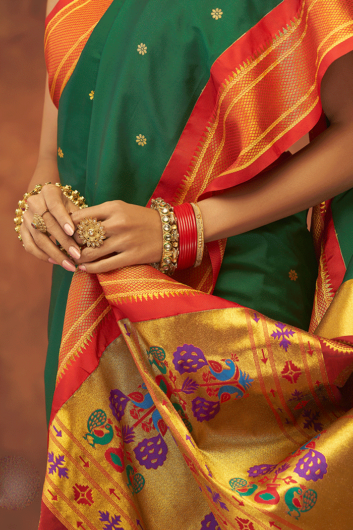 Buy MySilkLove Everglade Green and Red Zari Woven Paithani Saree Online