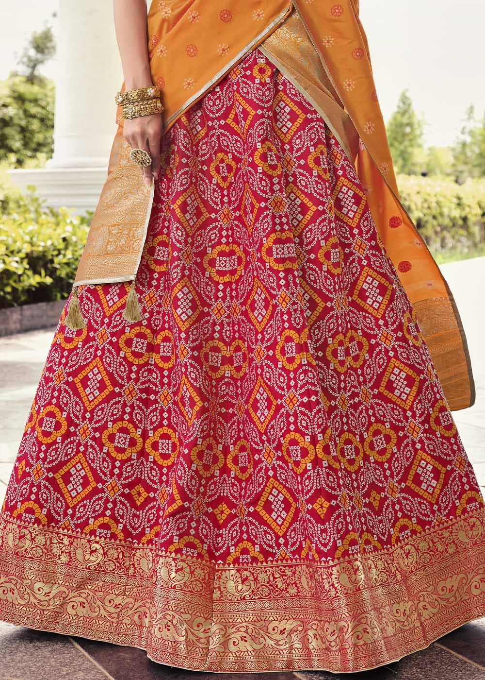 Buy MySilkLove Cinnabar Red and Orange Banarasi Silk Lehenga Choli Online