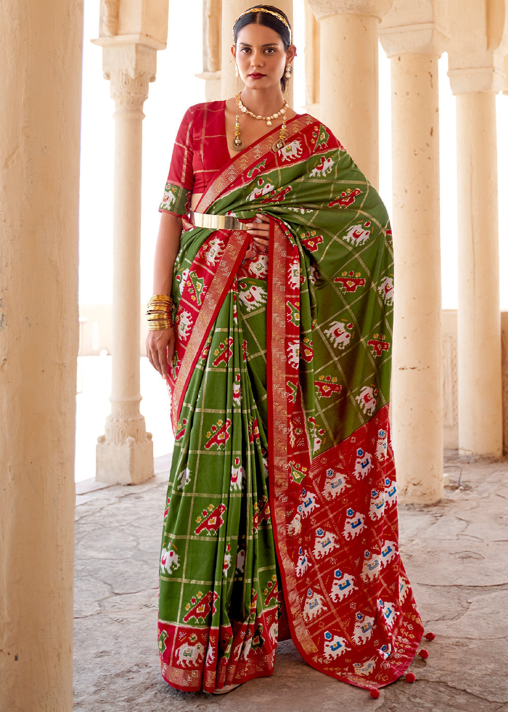 Buy MySilkLove Fern Frond Green and Red Printed Patola Silk Saree Online