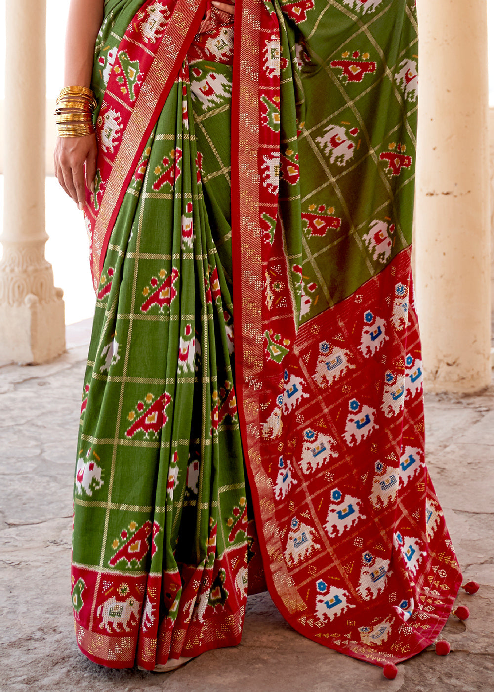 Buy MySilkLove Fern Frond Green and Red Printed Patola Silk Saree Online