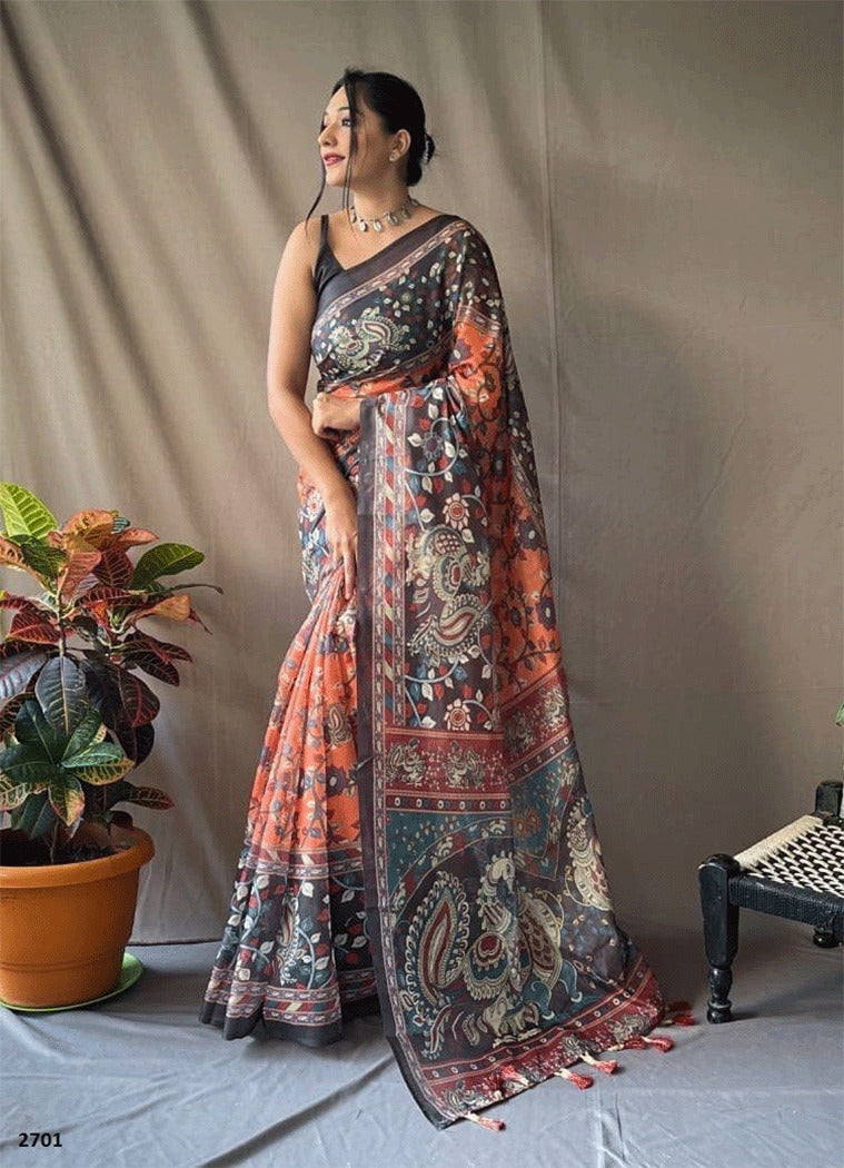 Buy MySilkLove Japonica Orange and Grey Kalamkari Printed Saree Online