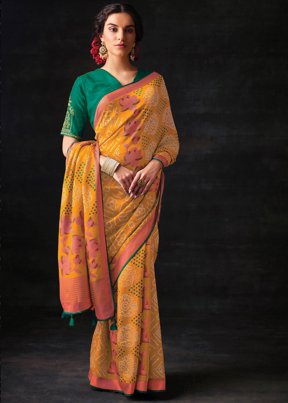 Buy MySilkLove Carrot Orange Bandhani Print Soft Silk Saree Online