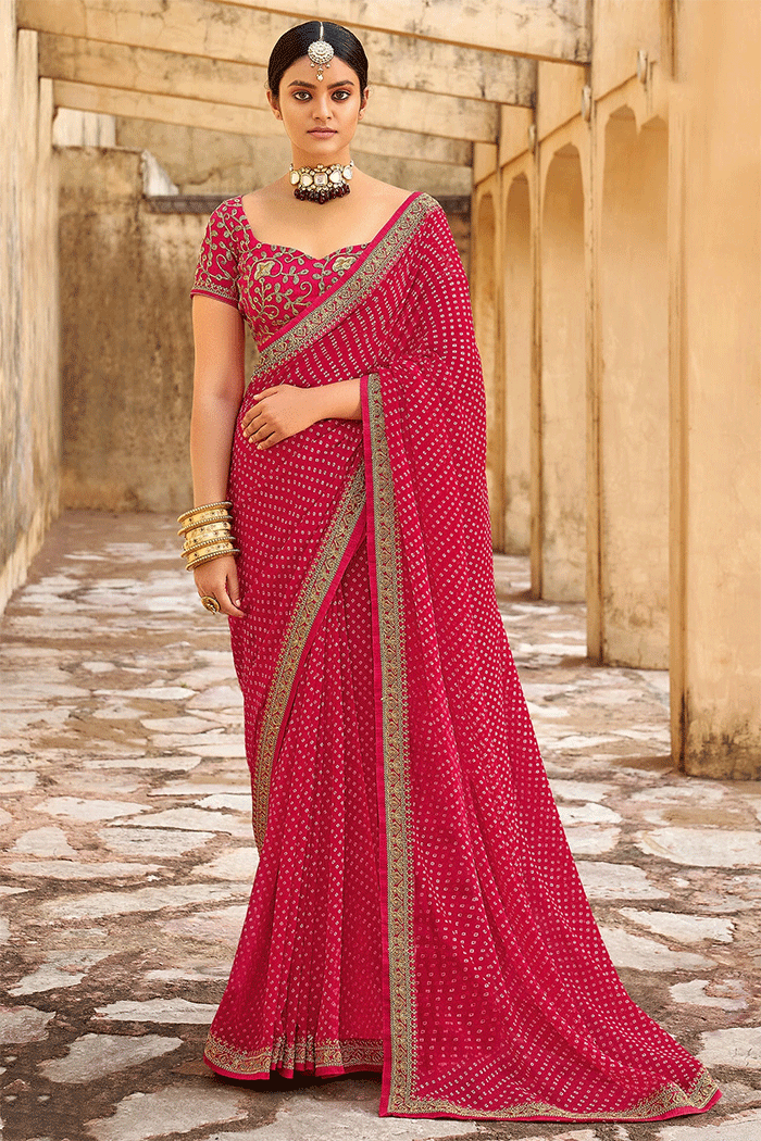 Buy MySilkLove Cherry Pink Georgette Leheriya Printed Saree with Embroidered Blouse Online
