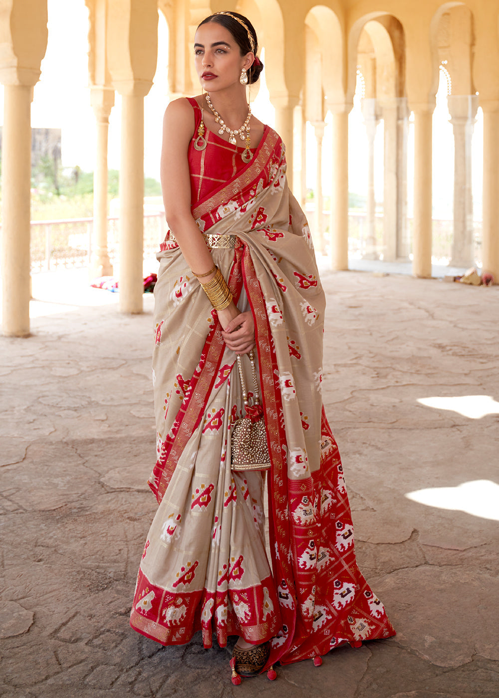 Buy MySilkLove Grain Brown and Red Printed Patola Silk Saree Online