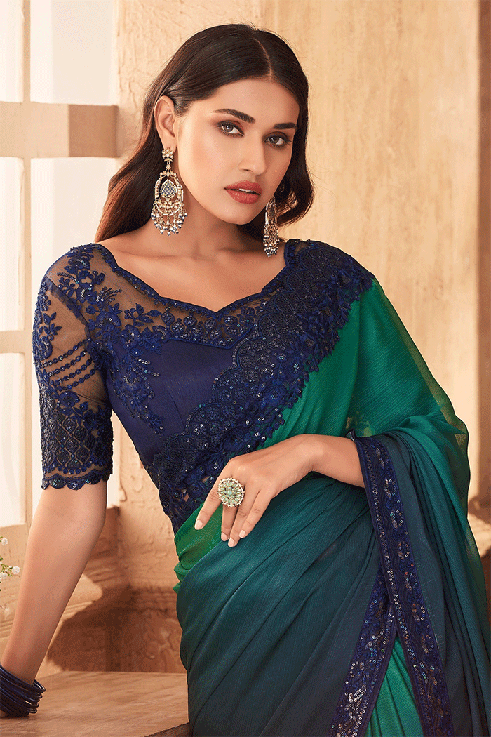 Buy MySilkLove Green Pea and Blue Designer Partywear Saree Online