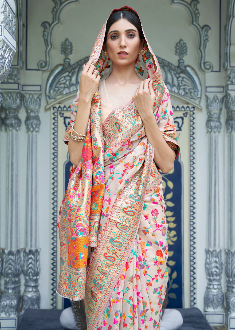 Buy MySilkLove Vanilla Cream Kashmiri Jamawar woven Banarasi silk Saree Online