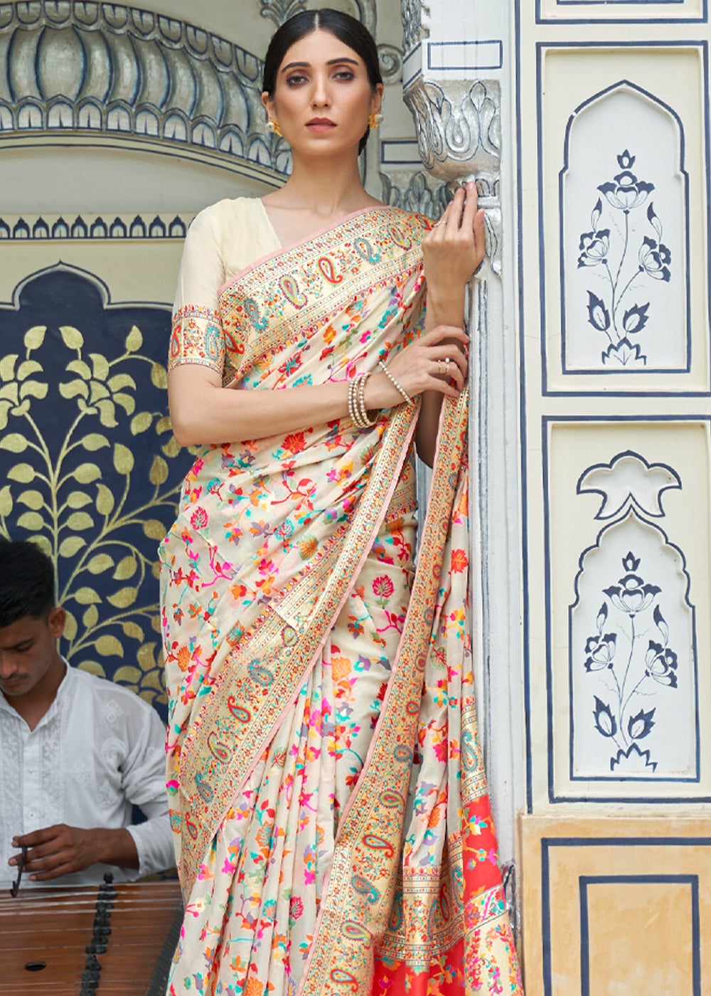 Buy MySilkLove Vanilla Cream Kashmiri Jamawar woven Banarasi silk Saree Online