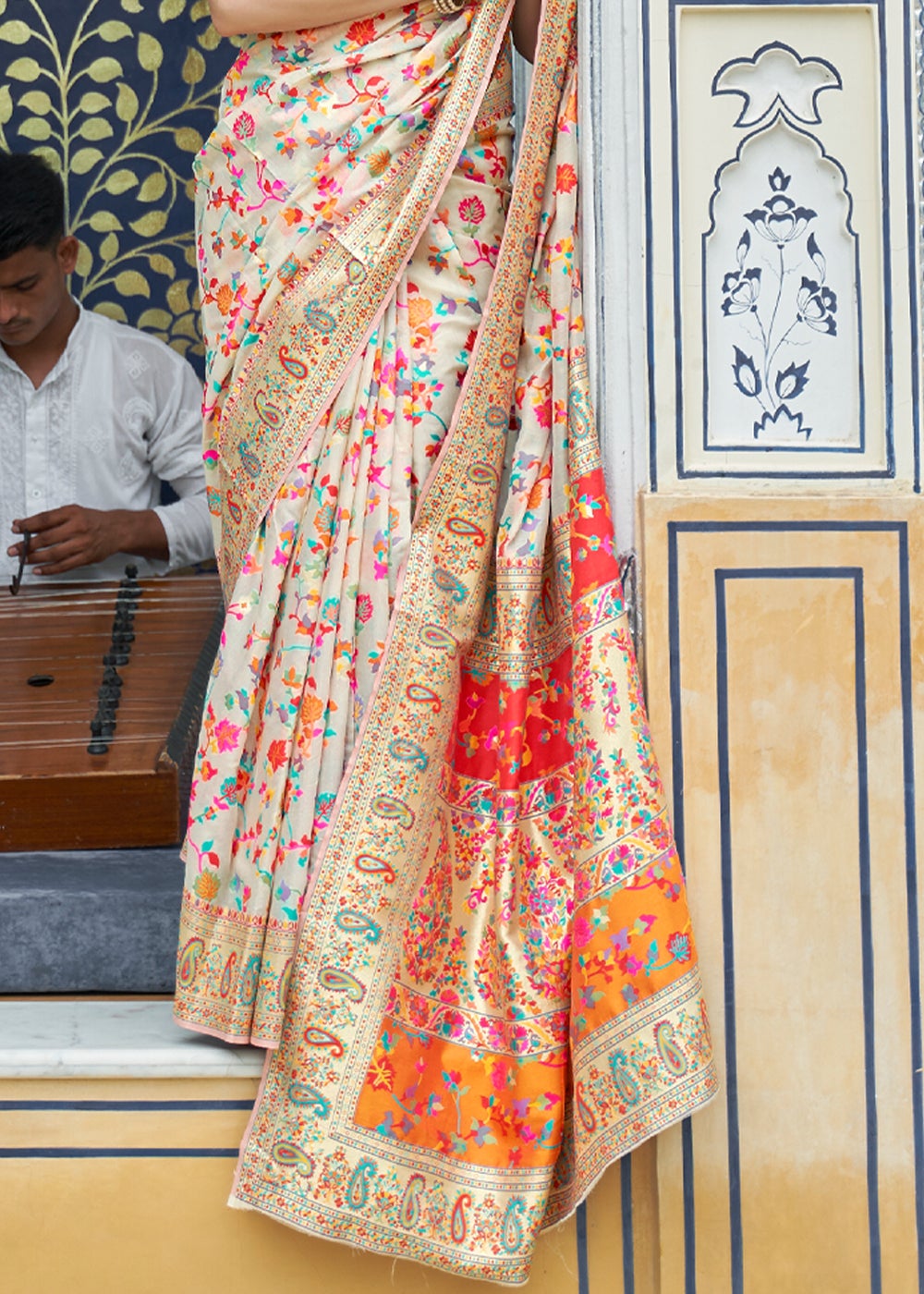 Buy MySilkLove Vanilla Cream Kashmiri Jamawar woven Banarasi silk Saree Online