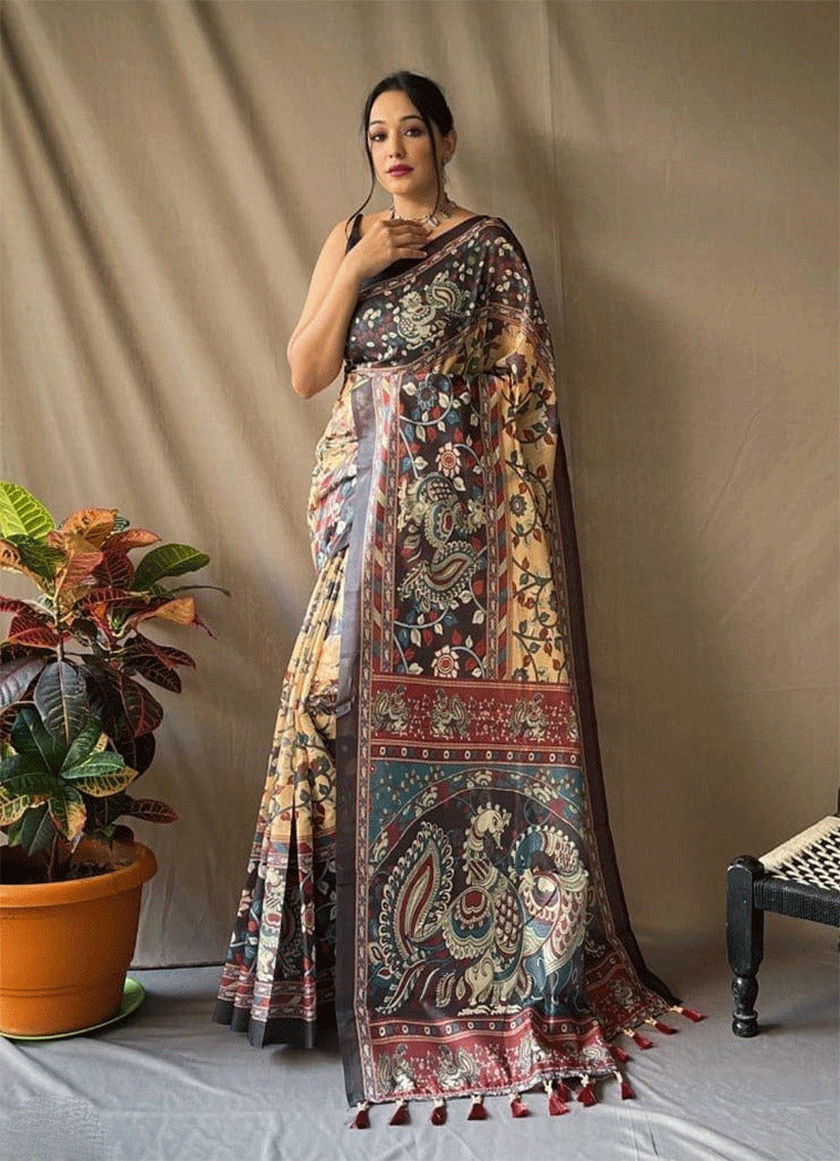 Buy MySilkLove Aztec Yellow and Black Kalamkari Printed Saree Online