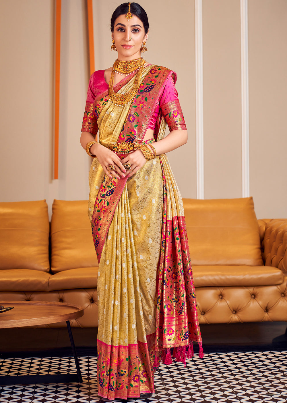 Buy MySilkLove Cream Brulee Golden Woven Paithani Silk Saree Online