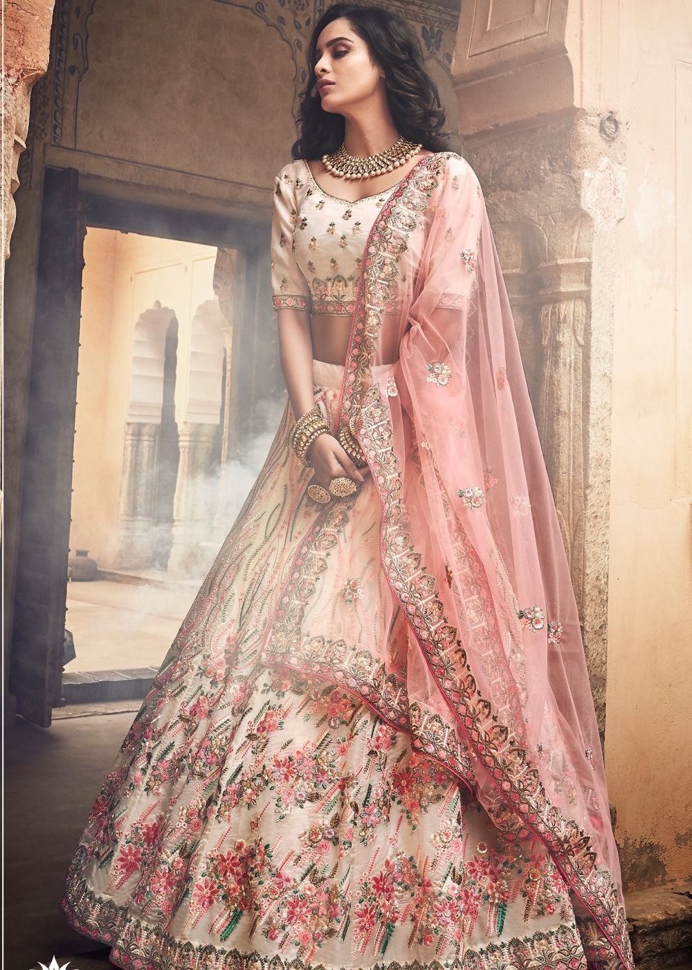 Buy Melon Pink Off White Organza Lehenga Choli Online MySilkLove